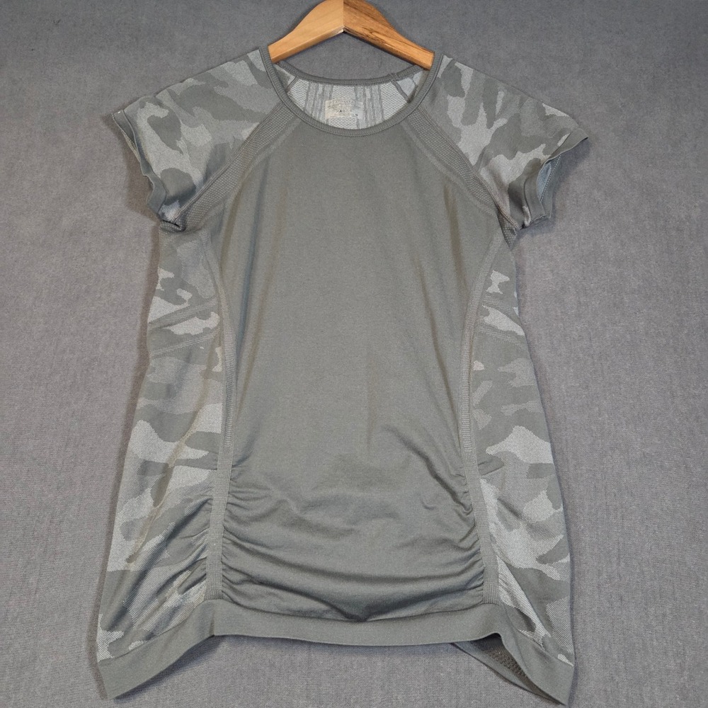 Athleta Camo Performance Top Womens Medium Green Ruched Seamless Shirt 349662